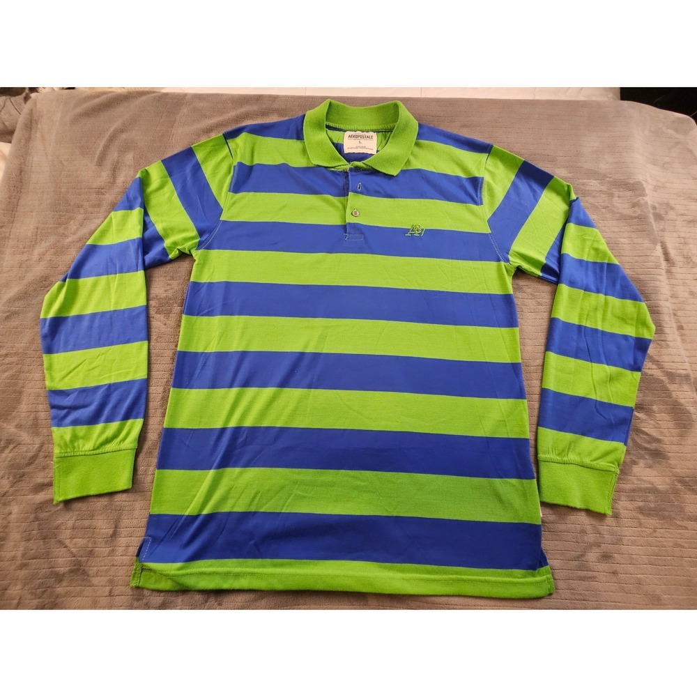 Aeropostale Mens Long Sleeve Polo Shirt Large Green Blue Striped Logo L